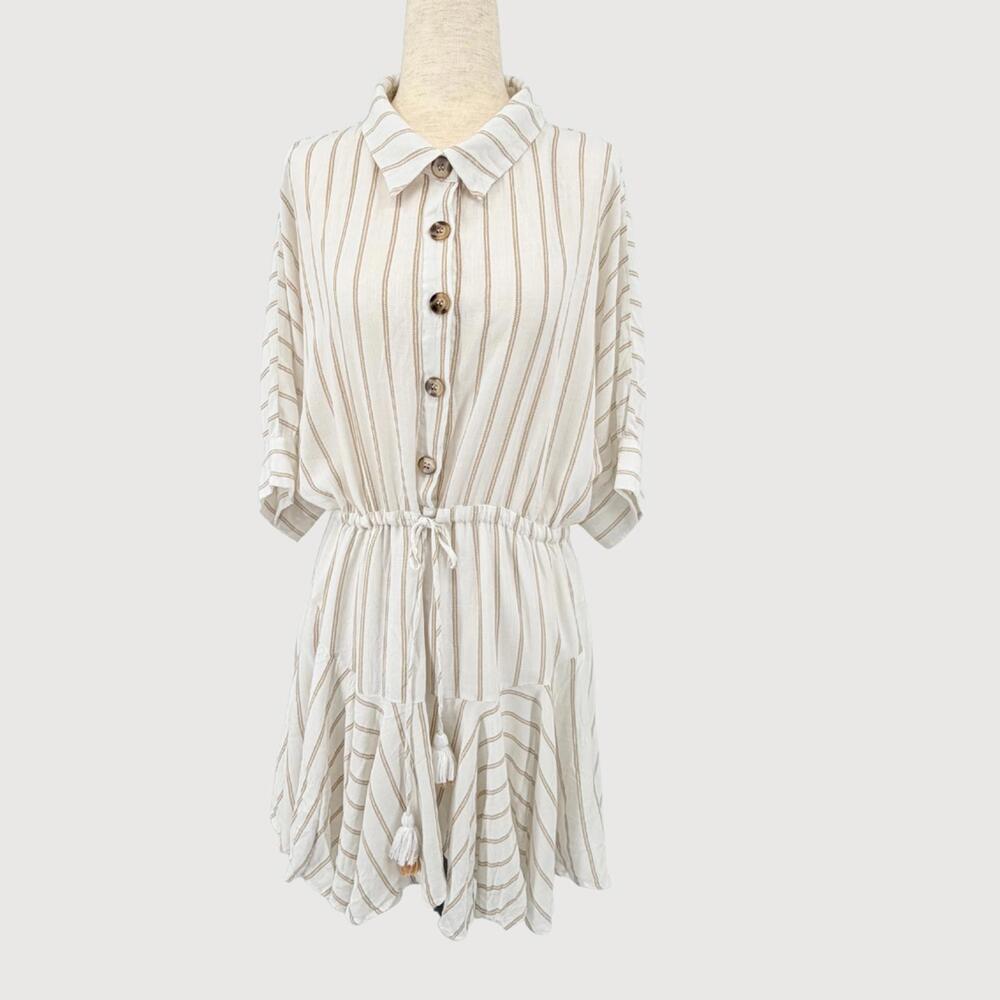 AAKAA Dress Boho Handkerchief Hem Ivory Stripe M